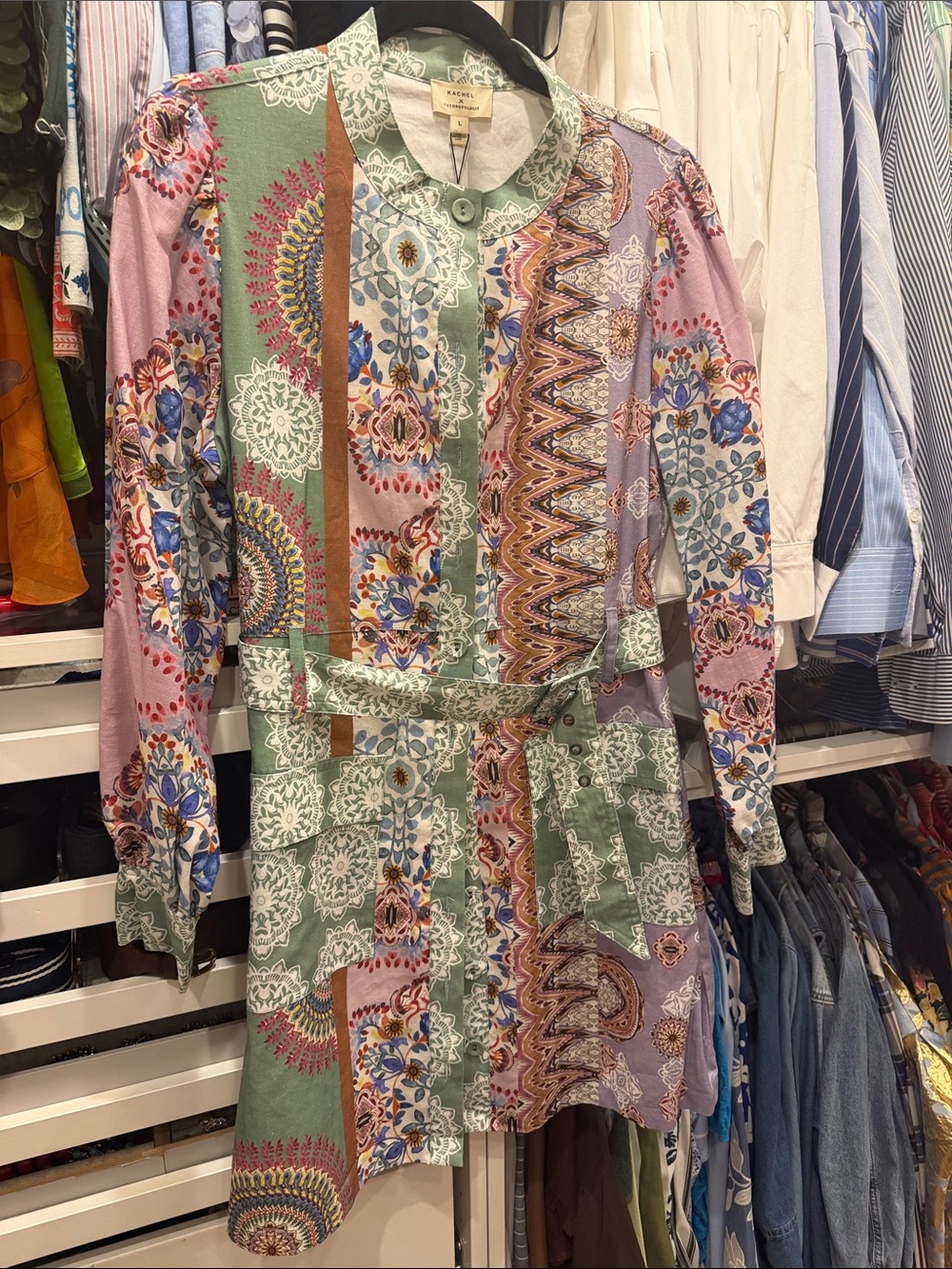 Anthropologie Patchwork Medallion Belted Long-Sleeve Dress in Green & Lilac